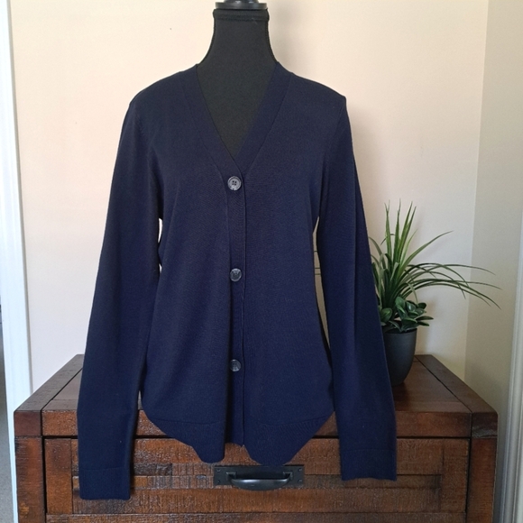 Karen Scott Cardigan Women's Medium Navy Blue Long Sleeved Sweater Button Up - Picture 1 of 13